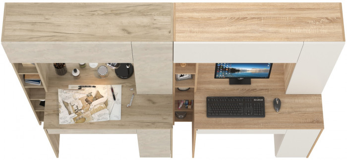 КР100 Два стола компьютерных Комфорт 12.71, цвет дуб крафт серый/шёлковый камень/дуб сонома/белый, ШхГхВ 233,4х60,2х165,4 см., НЕ универсальная сборка