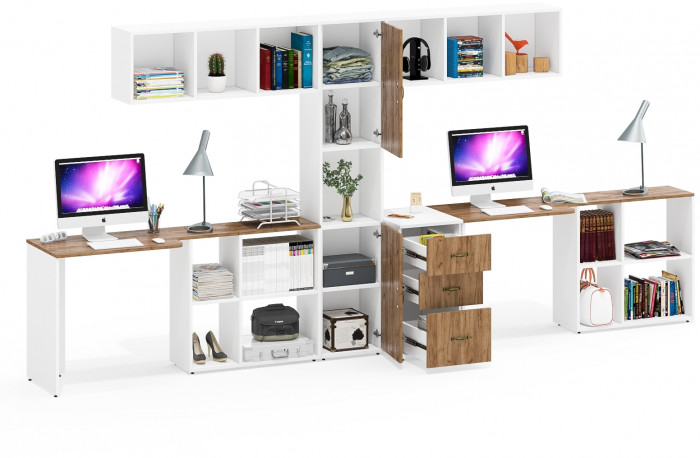 Лидер-8 Стол + Полка + Стол + Полка + Пенал + Тумба МД 3.16, цвет белый шагрень/крафт золото, 410х50/30х75/190 или 270х120/50х75/190 см., НЕ ун. сб.