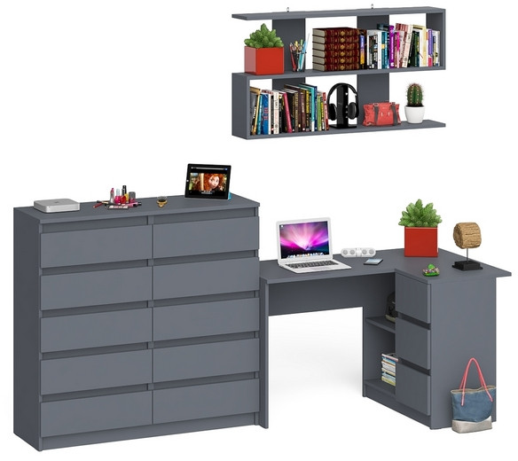 Мори компьютерный стол МС-16 правый + Комод МК1200.10 + Полка 1200, графит