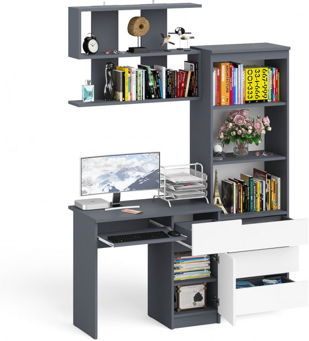 Мори Стол компьютерный МС-1 правый + Стеллаж МСТ600.3 + Полка 900, цвет графит/белый, ШхГхВ 150,4х50х209,6 см., НЕ универсальная сборка