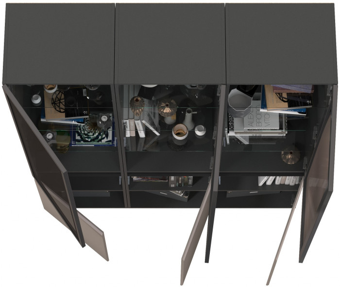 Сидней 13.201 Шкаф-витрина 3 штуки, корпус: антрацит/фасады: МДФ веллюто капучино/прозр. стекло с серой тонир.