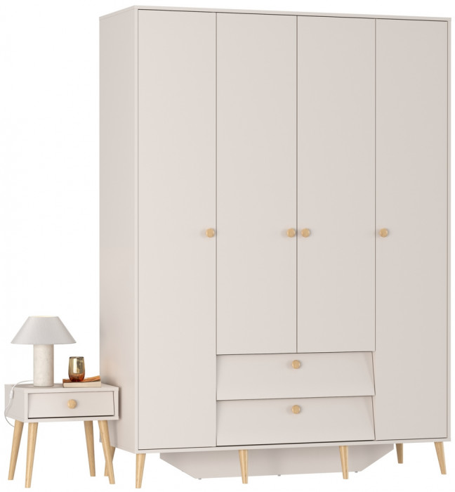 Афина Спальня Шкаф 4-х дверный + Тумба прикроватная, цвет кашемир серый, ШхГхВ 160х56,3х220 + 45х37х45 см., универсальная сборка