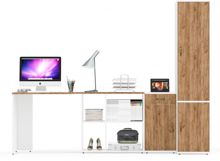 Лидер-8 Стол + Тумба МД 3.15 + Пенал МД 23Б, цвет белый шагрень/крафт золото, ШхГхВ 245х50/37,5х75/190 или 115х160/50х75/190 см., НЕ ун. сборка