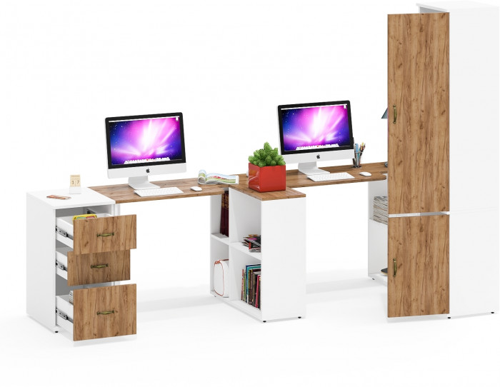 Лидер-8 Стол + Стол + Пенал МД 22Б + Тумба МД 3.16, белый шагрень/крафт золото