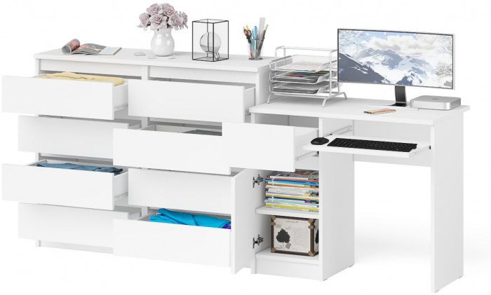 Мори компьютерный стол МС-1 левый + Комод МК1200.8, белый