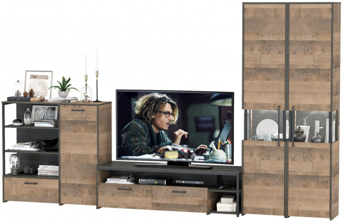 Трувор Гостиная 036, цвет дуб гранж песочный/интра, ШхГхВ 348,4х45,4х210 см., универсальная сборка