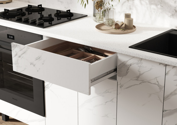 Кухня Оливия NEW 3,0/1080м Компоновка №2, Белый/Мрамор белый софт, Графит софт