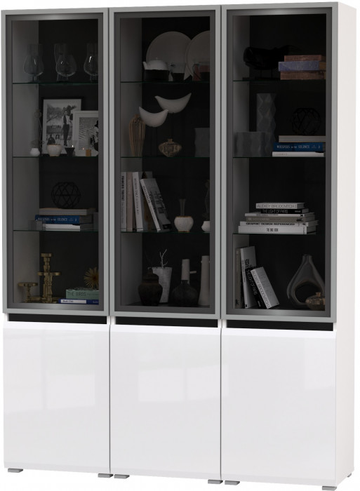 Сидней 13.201 Шкаф-витрина 3 штуки, корпус: белый/чёрный/фасады: МДФ белый глянец/прозр. стекло с серой тонир.