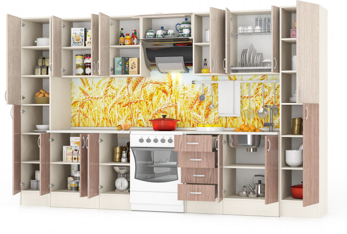 Кухня Мери 11 Пенал+ШВ600+ШВ400+ШВв600+ШВ400+ШВ600+Пенал+ШН600+ШН4Я400+ШН400+ШН600, дуб/ясень шимо светлый/тёмный