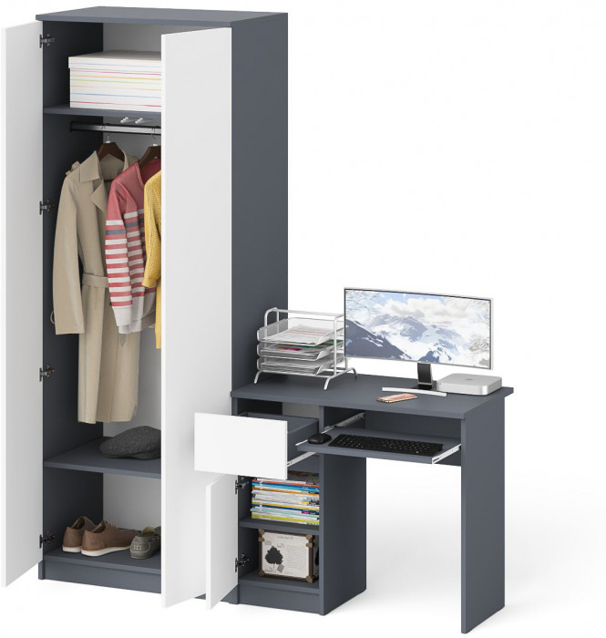 Мори компьютерный стол МС-1 левый + Шкаф МШ800.1, графит/белый