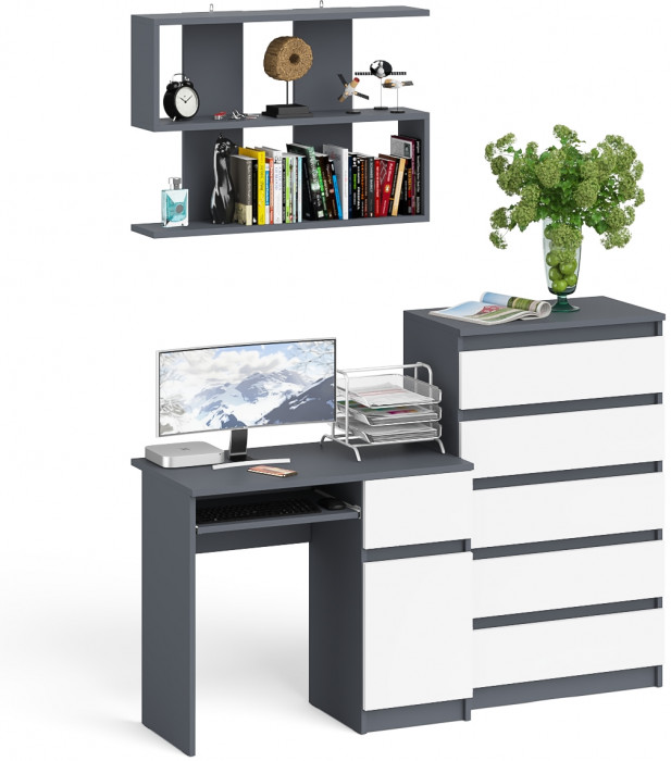 Мори компьютерный стол МС-1 правый + Комод МК700.5 + Полка 900, графит/белый