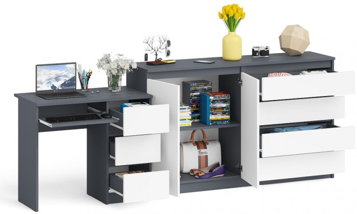 Мори компьютерный стол МС-6 правый + Комод МК1600.1, графит/белый