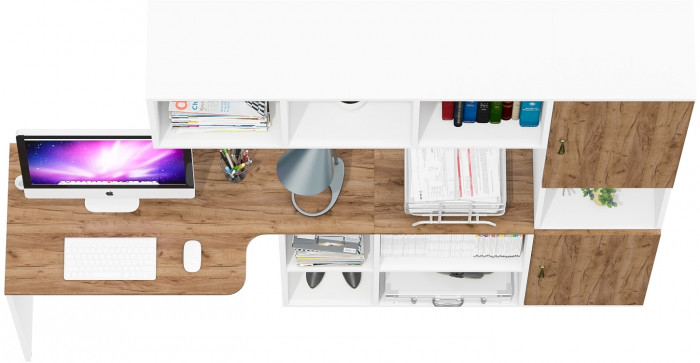 Лидер-8 Стол + Полка + Пенал, цвет белый шагрень/крафт золото, ШхГхВ 205х50/30х75/190 или 115х50/120х75/190 см., НЕ универсальная сборка