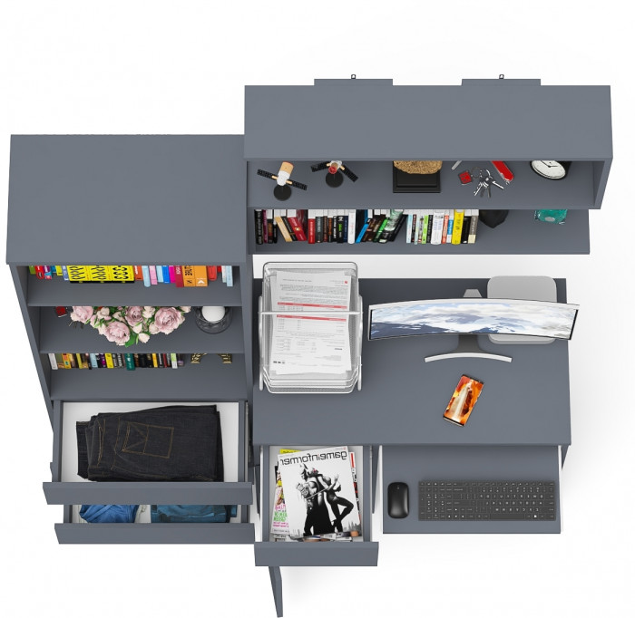 Мори Стол компьютерный МС-1 левый + Стеллаж МСТ600.3 + Полка 900, цвет графит, ШхГхВ 150,4х50х209,6 см., НЕ универсальная сборка