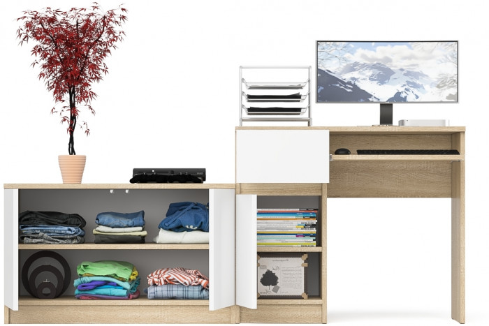 Мори Стол компьютерный МС-1 левый + Тумба МА900.1, цвет дуб сонома/белый, ШхГхВ 180,4х50,4х76,6 см., выдвижной ящик слева, НЕ универсальная сборка