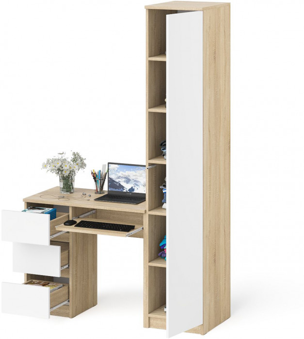 Мори Стол компьютерный МС-6 левый + Пенал МШ400.1, цвет дуб сонома/белый, ШхГхВ 130,4х50,4х209,6 см., выдвижные ящики слева, НЕ универсальная сборка