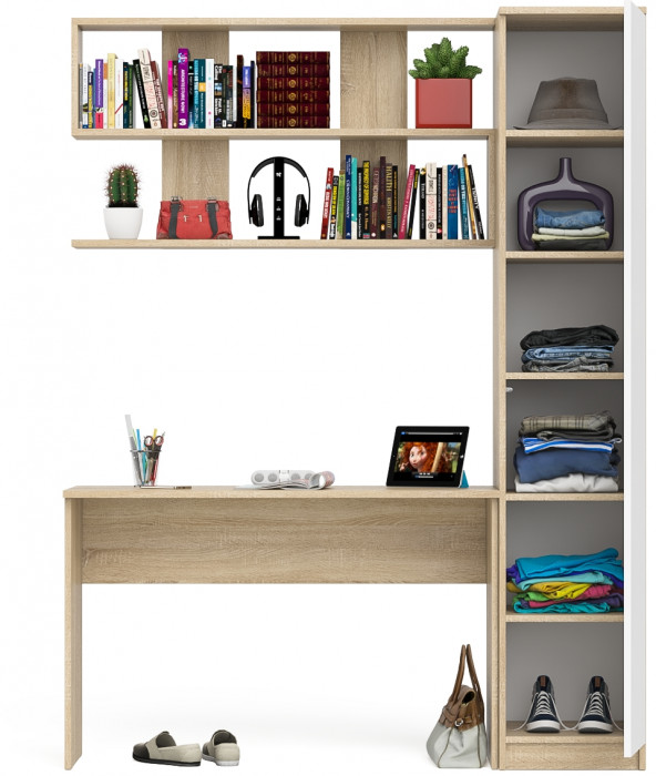 Мори Стол письменный МСП1200.1 + Пенал МШ400.1 + Полка 1200, цвет дуб сонома/белый, ШхГхВ 160,8х50,4х209,6 см., универсальная сборка