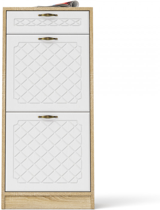 Прихожая П-6 Тумба для обуви 2 секции, дуб сонома/фасады МДФ белое дерево фрезеровка ромб