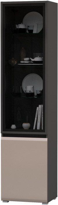 Сидней 13.201 Шкаф-витрина, корпус антрацит/фасады МДФ веллюто капучино/прозрачное стекло с серой тонировкой
