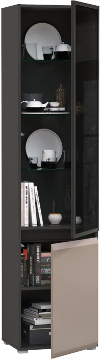 Сидней 13.201 Шкаф-витрина, корпус антрацит/фасады МДФ веллюто капучино/прозрачное стекло с серой тонировкой
