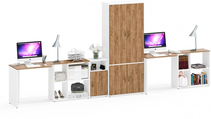 Лидер-8 Стол + Стол + Шкаф МД 20Б + Тумба МД 3.19, белый шагрень/крафт золото