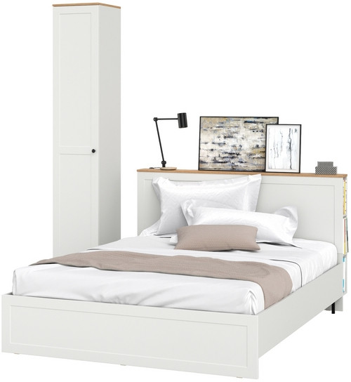 Остин 11.53 Кровать + ортопед + 13.227 Шкаф-пенал, белый шагрень/дуб крафт золотой