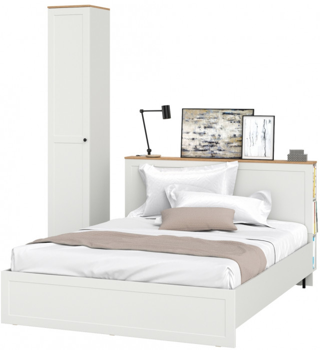 Остин 11.53 Кровать + ортопед + 13.227 Шкаф-пенал, белый шагрень/дуб крафт золотой