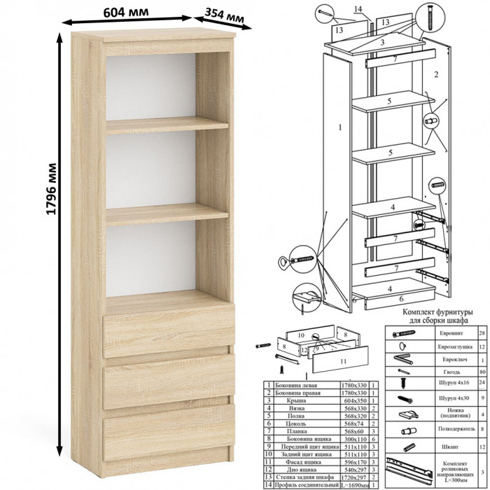 Мори Стеллаж МСТ600.3, цвет дуб сонома, ШхГхВ 60,4х35,4х179,6 см.