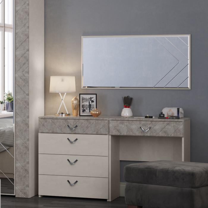 Амели Комод 13.106 + Стол туалетный 12.48 + Зеркало, цвет шёлковый камень/бетон чикаго беж, ШхГхВ 130х41,3х145 см., универсальная сборка