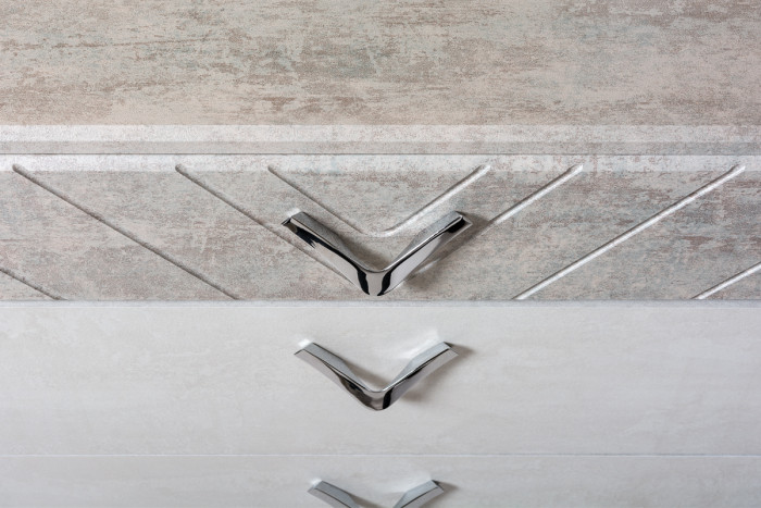 Амели Комод 13.106 + Стол туалетный 12.48 + Зеркало, цвет шёлковый камень/бетон чикаго беж, ШхГхВ 130х41,3х145 см., универсальная сборка