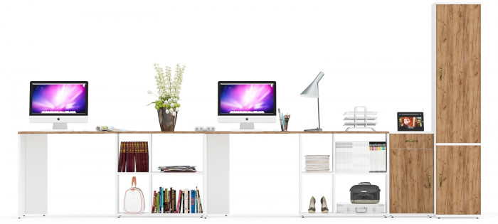 Лидер-8 Стол + Стол + Пенал МД 23Б + Тумба МД 3.15, белый шагрень/крафт золото