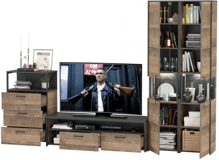 Трувор Гостиная 038, цвет дуб гранж песочный/интра, ШхГхВ 305,4х45,4х210 см., универсальная сборка