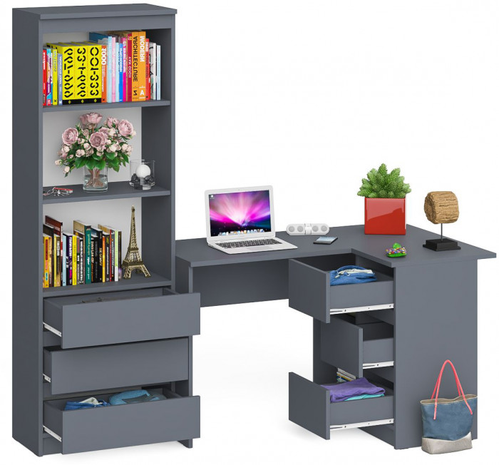 Мори компьютерный стол МС-16 правый + Стеллаж МСТ600.3, графит