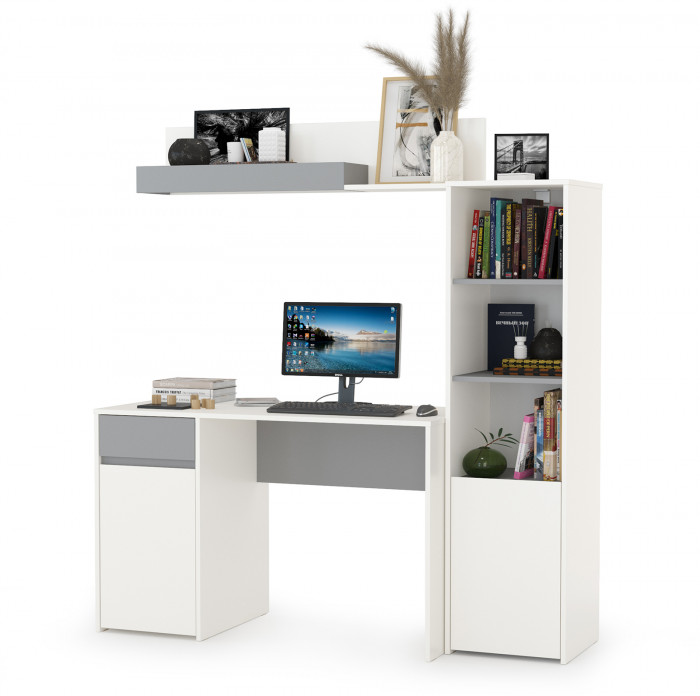 Торонто 12.149 Стол + 13.13 Шкаф комбинированный + 16.475 Полка, белый шагрень/стальной серый