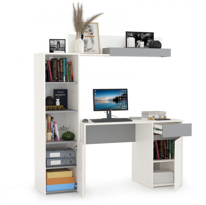 Торонто 12.149 Стол + 13.13 Шкаф комбинированный + 16.475 Полка, белый шагрень/стальной серый
