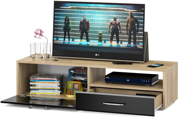 Тумба под ТВ Ларго 1, корпус дуб сонома/фасады МДФ чёрный глянец