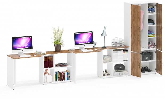 Лидер-8 Стол + Стол + Шкаф МД 20Б, белый шагрень/крафт золото