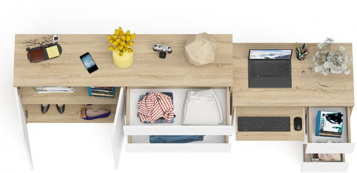 Мори компьютерный стол МС-6 правый + Комод МК1600.1, дуб сонома/белый