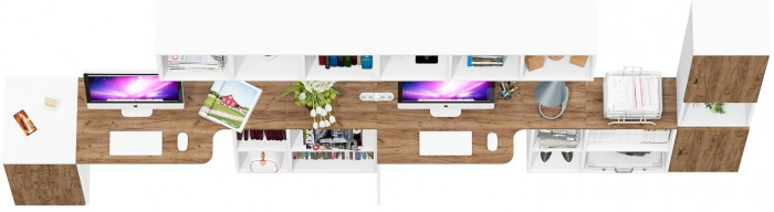 Лидер-8 Стол + Полка + Стол + Полка + Пенал + Тумба МД 3.16, цвет белый шагрень/крафт золото, 410х50/30х75/190 или 270х120/50х75/190 см., НЕ ун. сб.