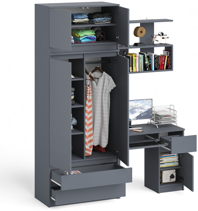 Мори компьютерный стол МС-1 правый + Шкаф МШ900.1 + Антресоль МА900.1 + Полка 900, графит