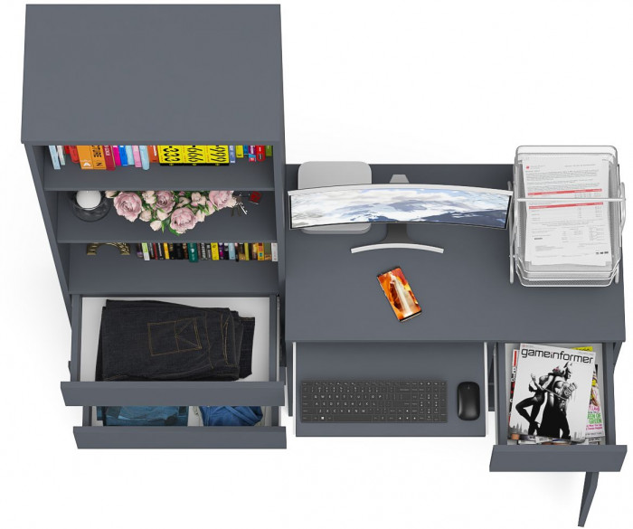 Мори Стол компьютерный МС-1 правый + Стеллаж МСТ600.3, цвет графит, ШхГхВ 150,4х50х179,6 см., выдвижной ящик справа, НЕ универсальная сборка