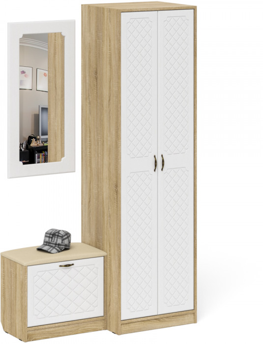 Прихожая П-6 Компоновка № 11, цвет дуб сонома/фасады МДФ белое дерево фрезеровка ромб, ШхГхВ 120х50х210 см., универсальная сборка