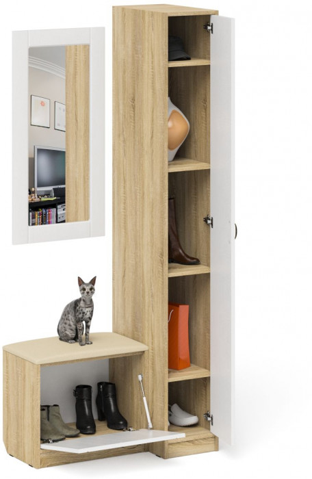 Прихожая П-6 Компоновка № 40, цвет дуб сонома/фасады МДФ белое дерево фрезеровка прованс, ШхГхВ 90х50х210 см., универсальная сборка