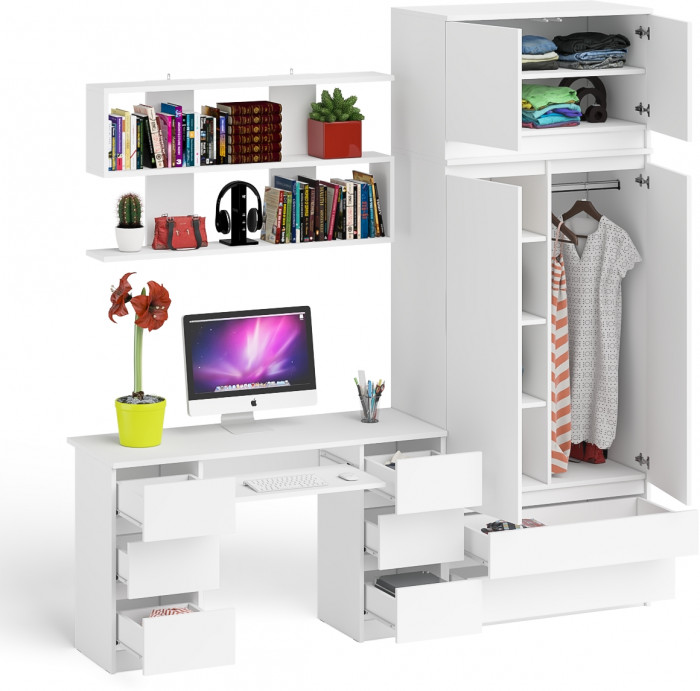 Мори компьютерный стол МС-2 + Шкаф МШ900.1 + Антресоль МА900.1 + Полка 1200, белый