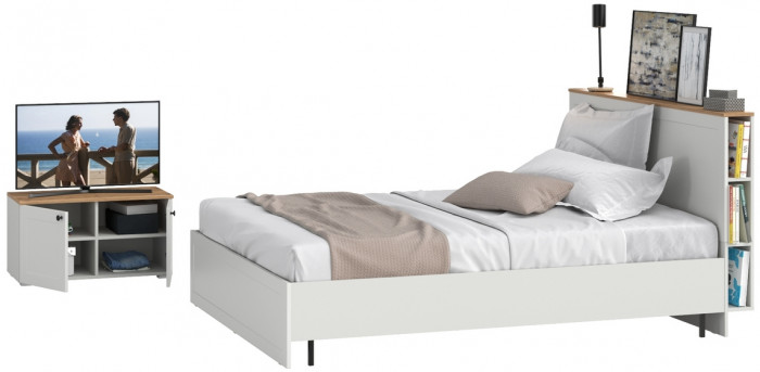 Остин 11.53 Кровать + ортопед + 13.257 Тумба, белый шагрень/дуб крафт золотой