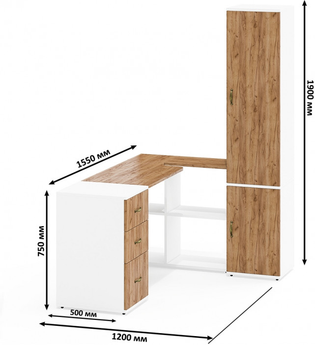 Лидер-8 Стол + Тумба МД 3.16 + Пенал МД 22Б, цвет белый шагрень/крафт золото, ШхГхВ 245х50/37,5х75/190 или 155х120/50х75/190 см., НЕ ун. сборка