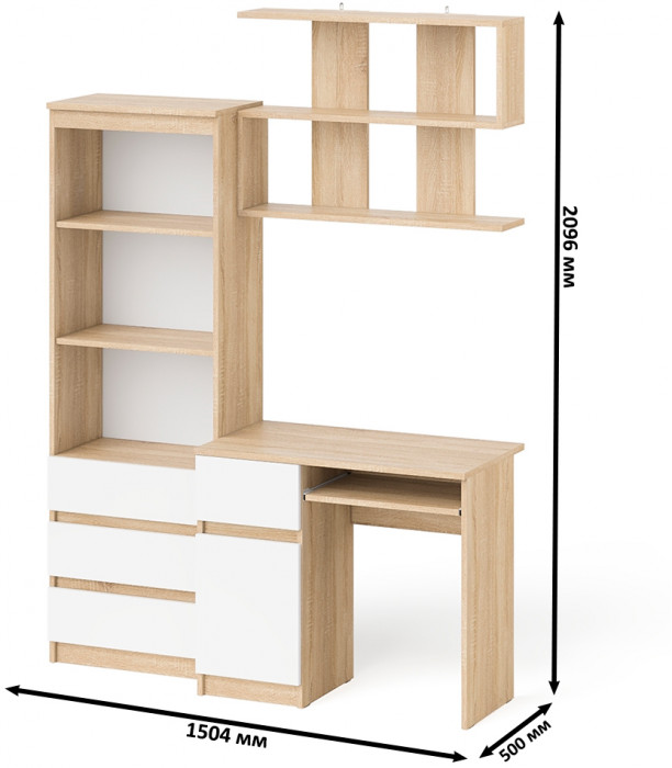 Мори Стол компьютерный МС-1 левый + Стеллаж МСТ600.3 + Полка 900, цвет дуб сонома/белый, ШхГхВ 150,4х50х209,6 см., НЕ универсальная сборка