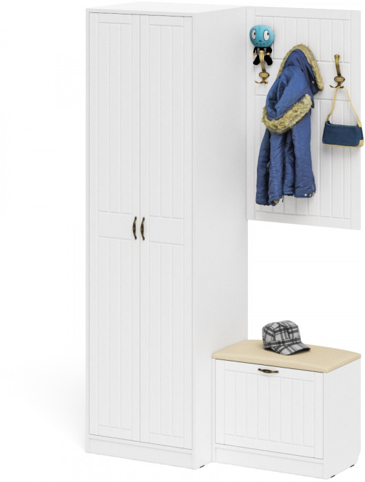 Прихожая П-6 Компоновка № 12, цвет белая шагрень/фасады МДФ белое дерево фрезеровка прованс, ШхГхВ 120х50х210 см., универсальная сборка