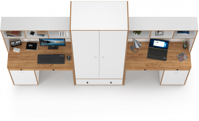 Вуди Компоновка № 28, цвет белый премиум/дуб крафт золотой, ШхГхВ 306х52,7х205 см., универсальная сборка