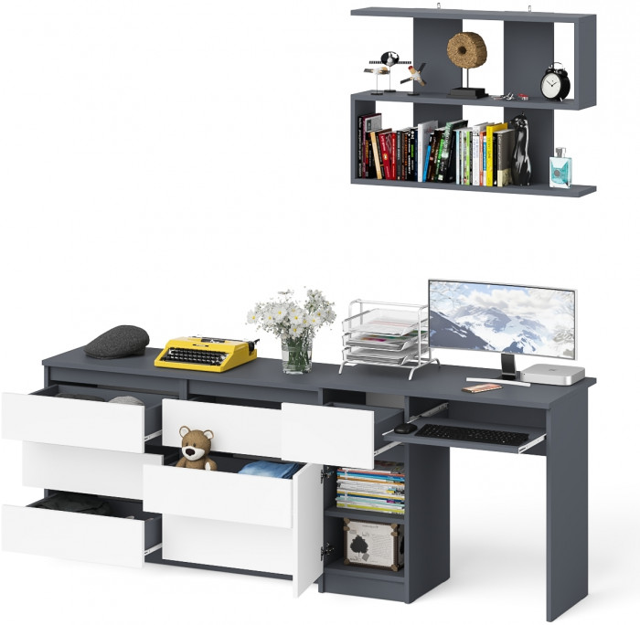 Мори Стол компьютерный МС-1 левый + Комод МК1200.6 + Полка 900, цвет графит/белый, ШхГхВ 210,4х50х209,6 см., НЕ универсальная сборка